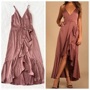 NWOT Lulu’s Enchanted Moments Mauve Pink Satin Ruffled High-Low Dress Large